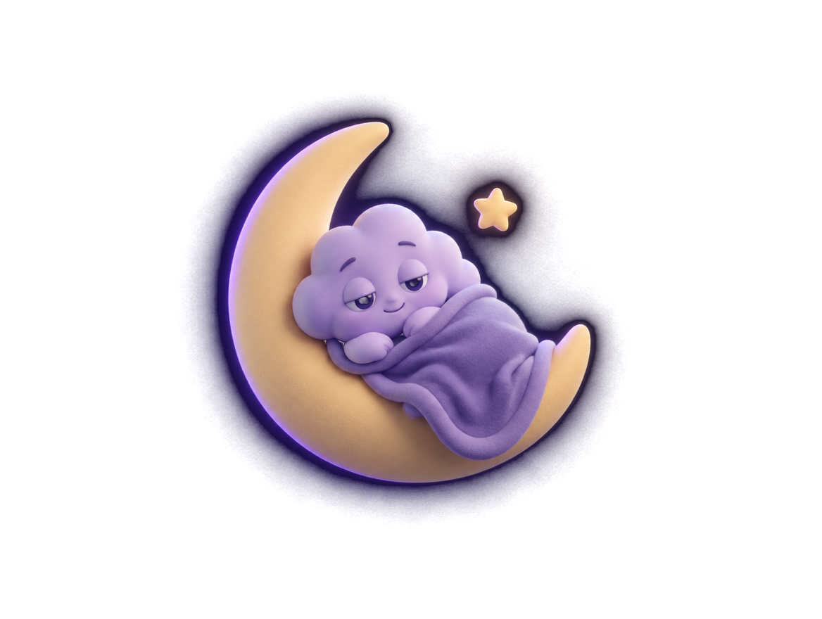 A sleepy cloud character resting on a crescent moon